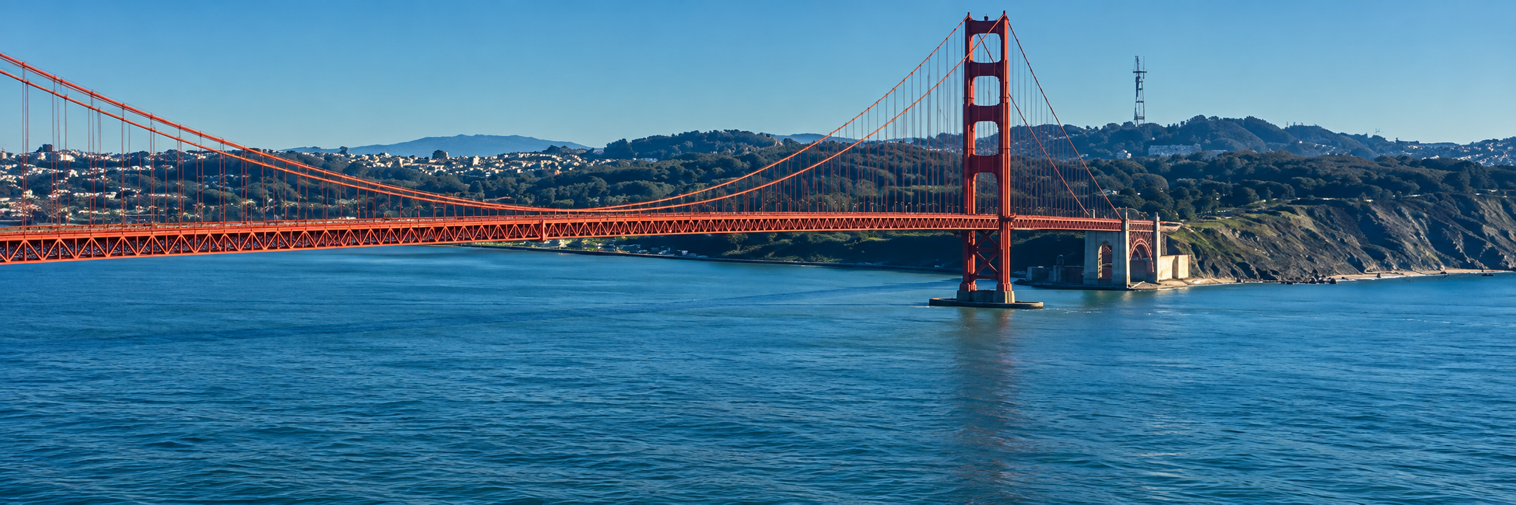 Golden Gate Bridge above the blue waters of San Francisco Bay